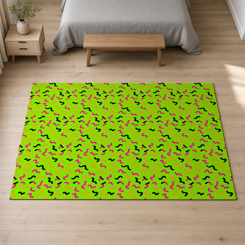 Squiggle Strokes Outdoor Rug on a pale oak floor in a calm bedroom