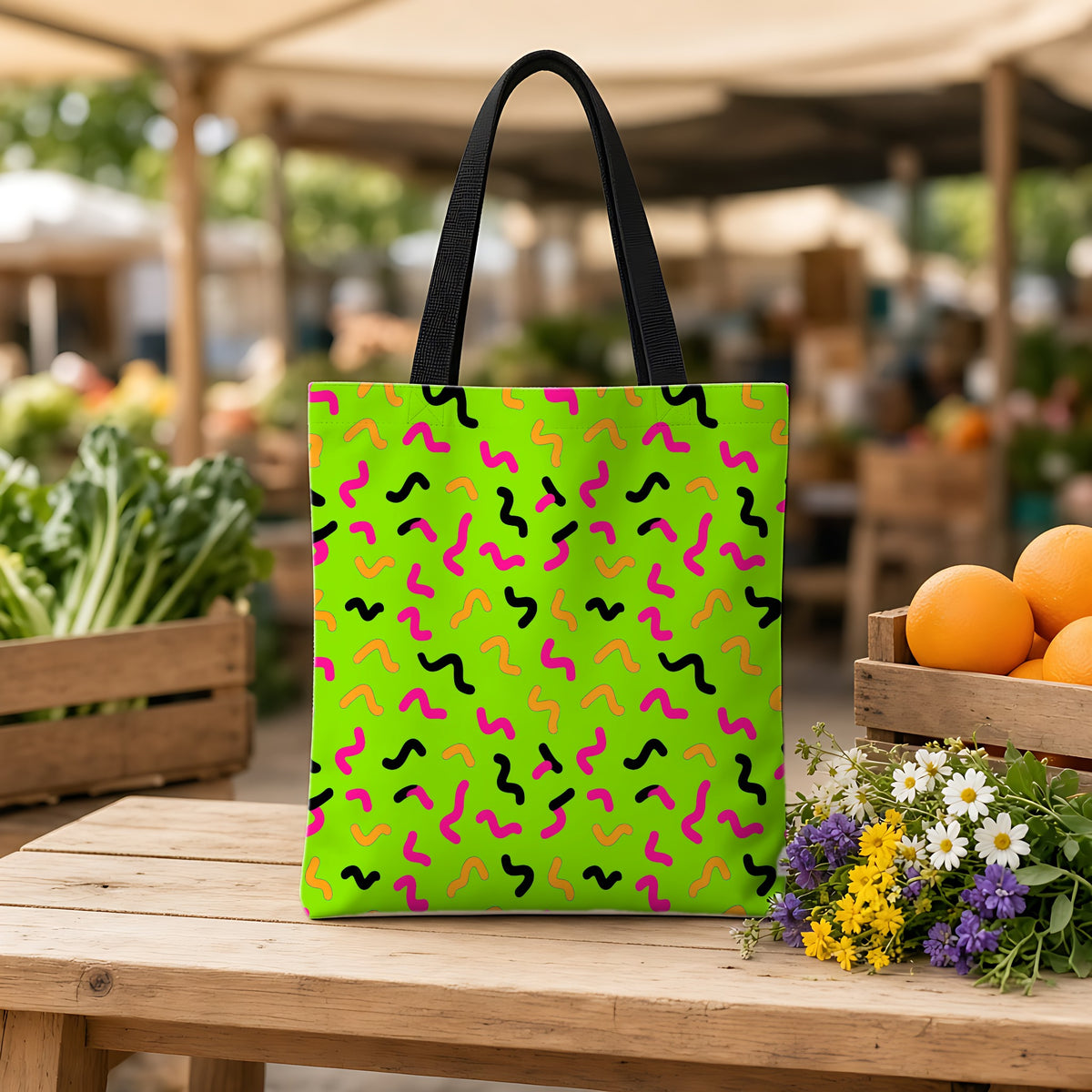 Squiggle Strokes Weekender Tote Bag on a wooden bench at a farmers market