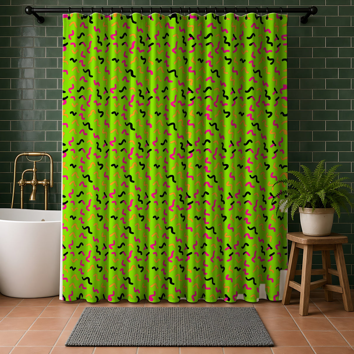 Squiggle Strokes Shower Curtain in a bathroom with dark green tiles
