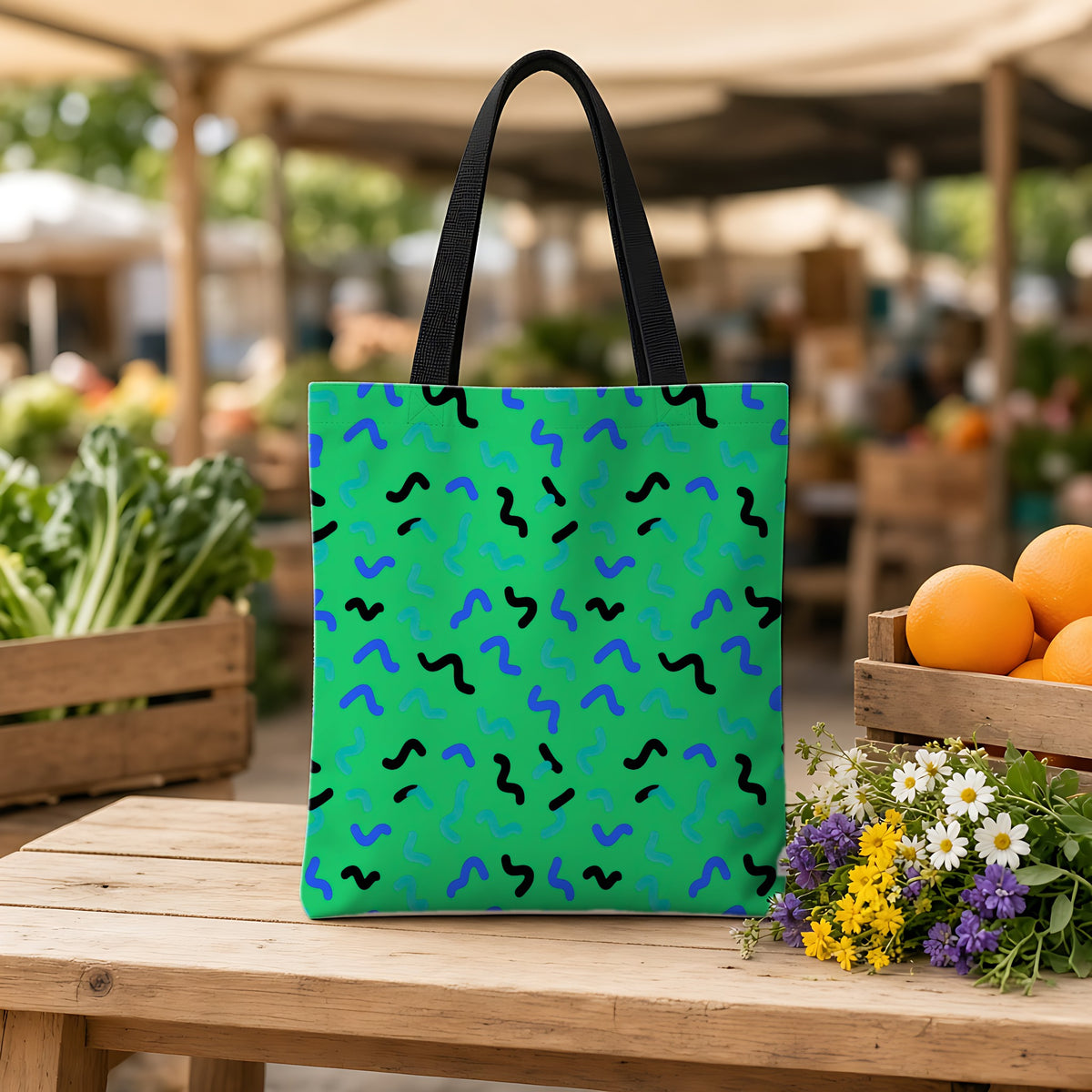 Squiggle Strokes Weekender Tote Bag on a wooden bench at a farmers market