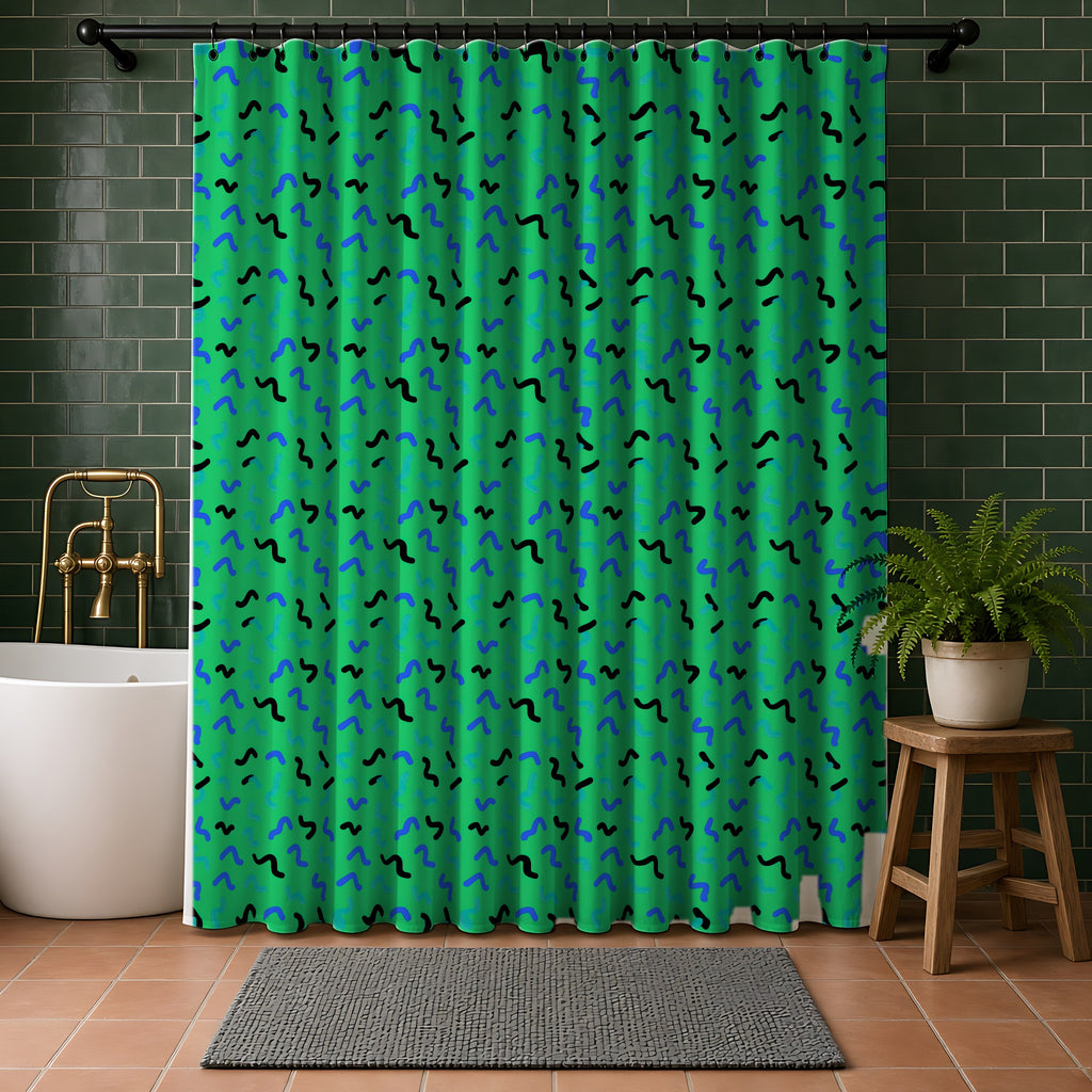 Squiggle Strokes Shower Curtain in a bathroom with dark green tiles