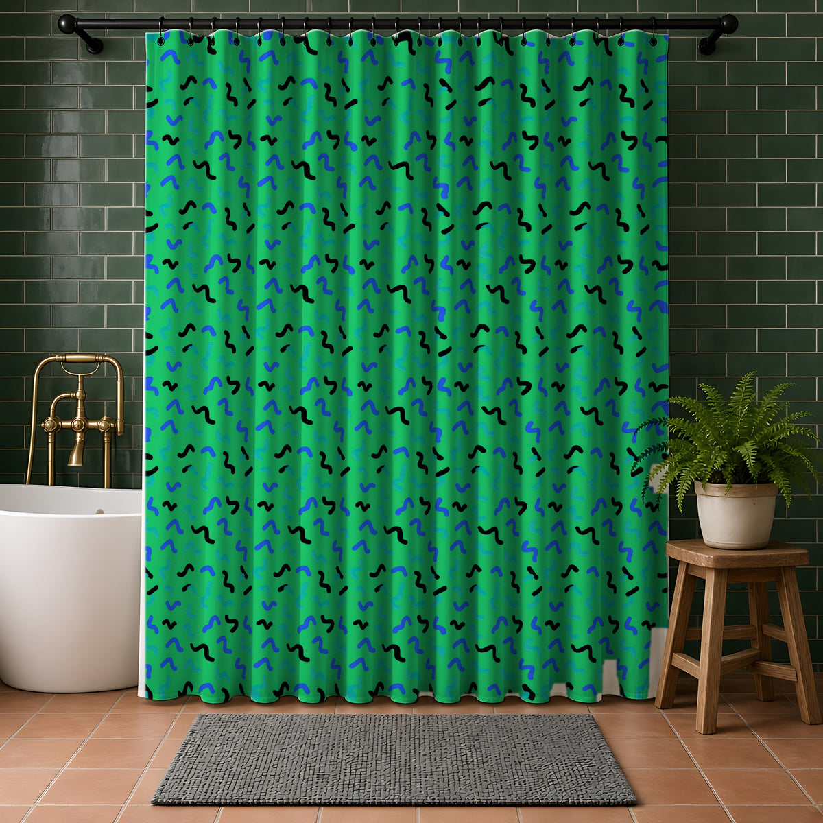 Squiggle Strokes Shower Curtain in a bathroom with dark green tiles