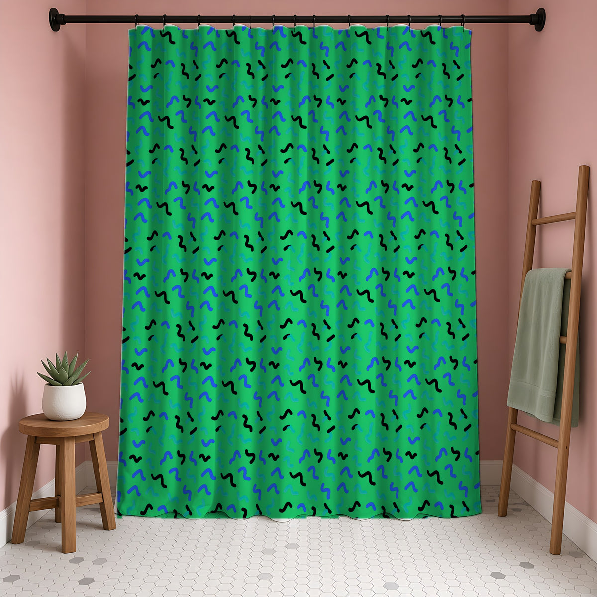 Squiggle Strokes Shower Curtain in a blush-pink bathroom