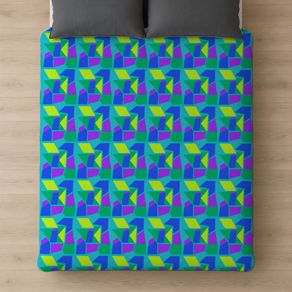 Cubist Block Quilt Cotton Duvet Cover on a bed, seen from above