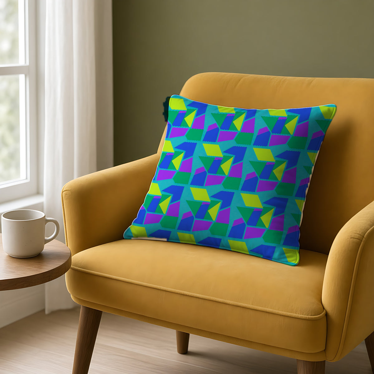 Cubist Block Quilt Faux Suede Cushion on a mustard armchair by a window