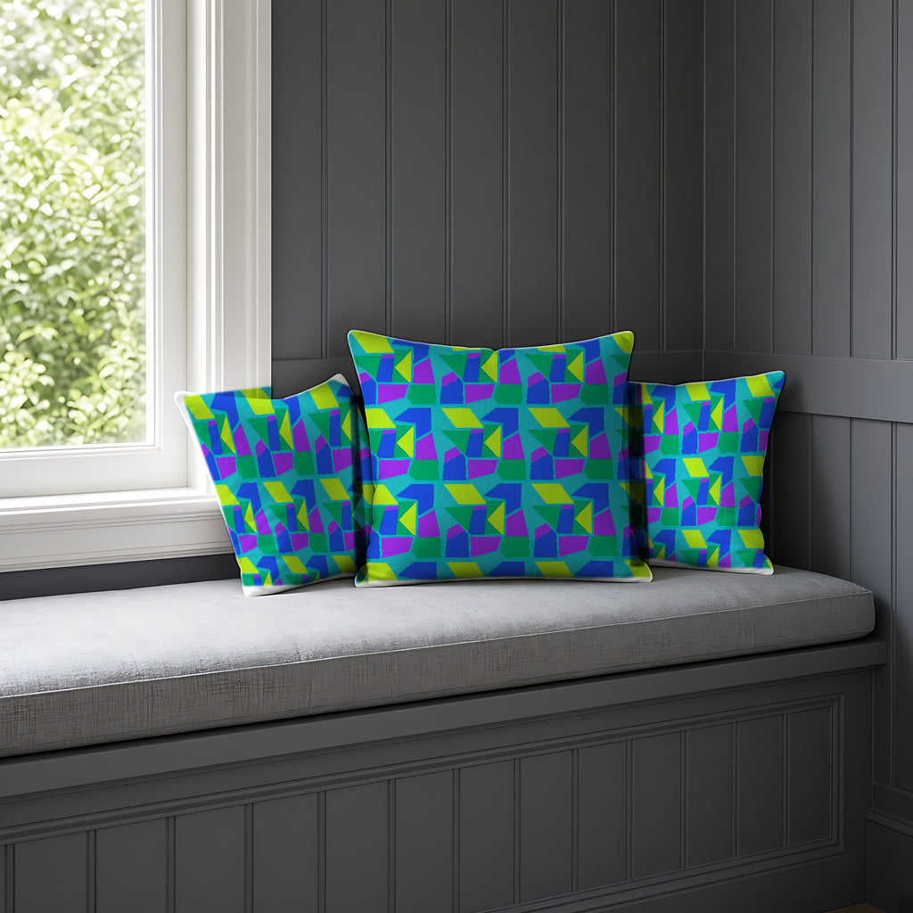 Cubist Block Quilt Faux Suede Cushion on a window seat