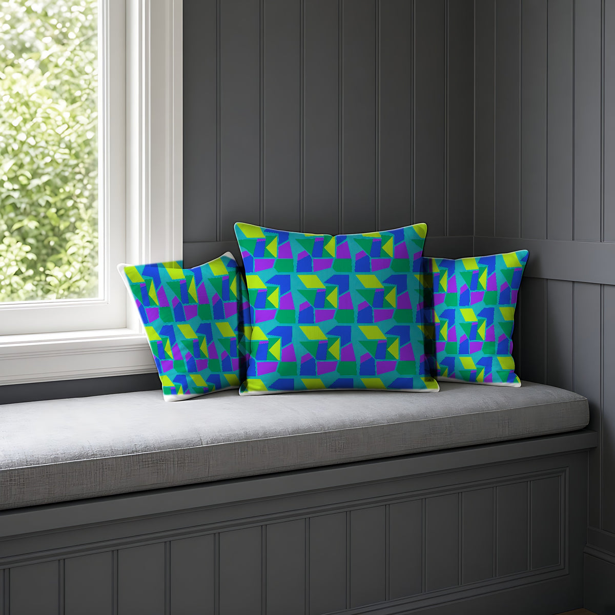 Cubist Block Quilt Faux Suede Cushion on a window seat