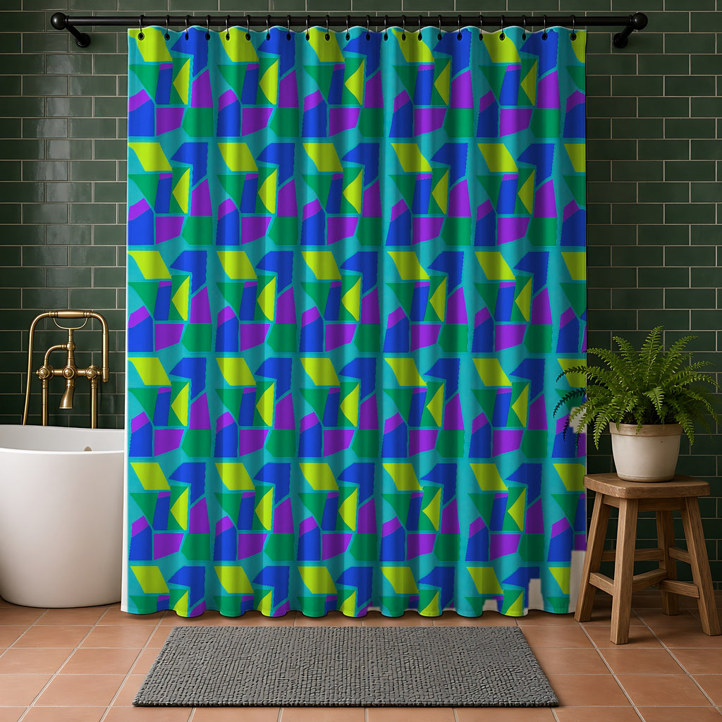 Cubist Block Quilt Shower Curtain in a bathroom with dark green tiles