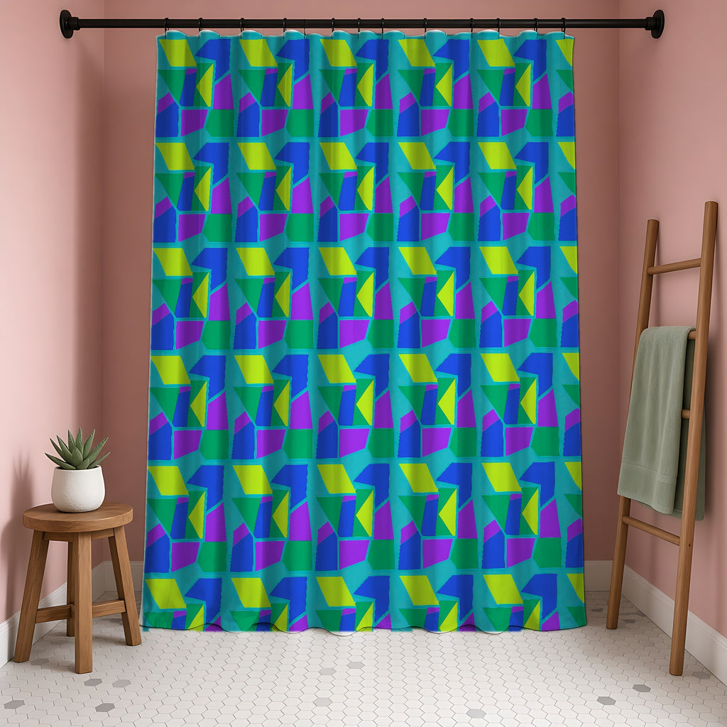 Cubist Block Quilt Shower Curtain in a blush-pink bathroom