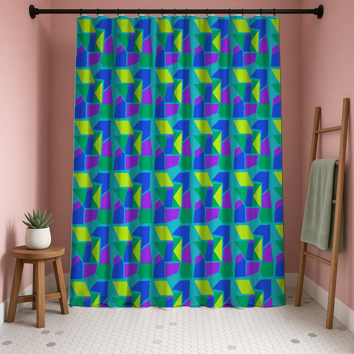 Cubist Block Quilt Shower Curtain in a blush-pink bathroom