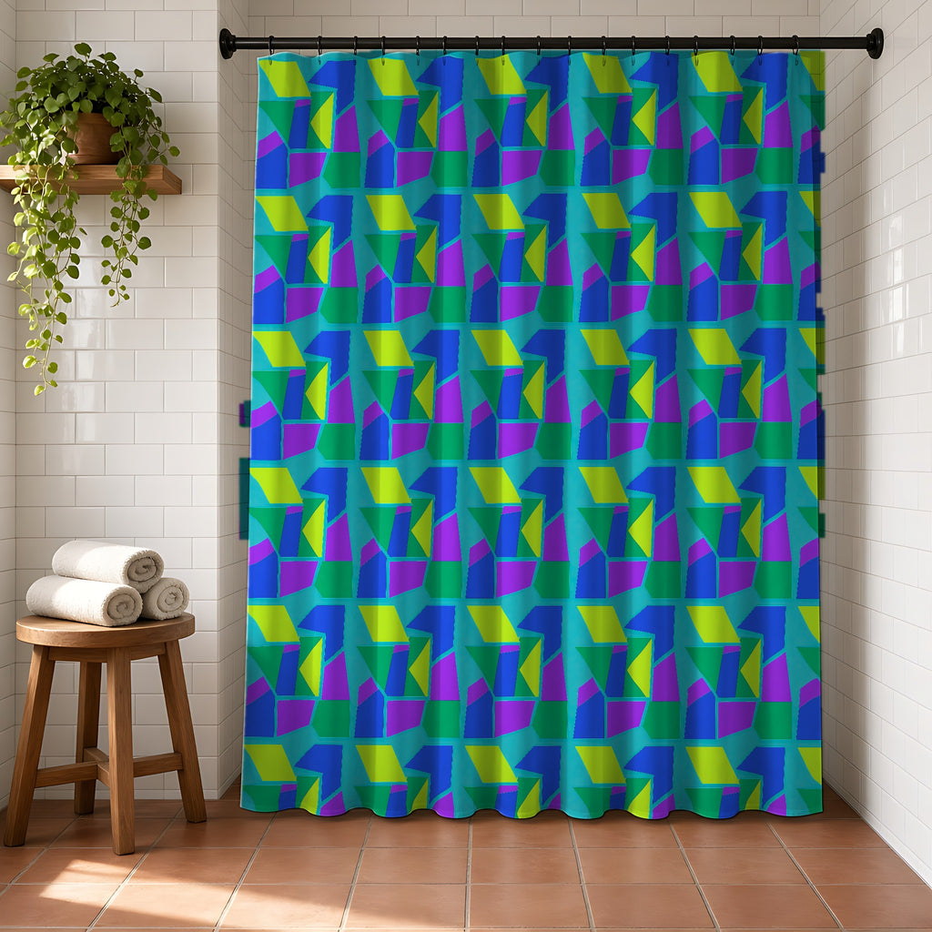 Cubist Block Quilt Shower Curtain in a bright bathroom with white tiles and a terracotta floor