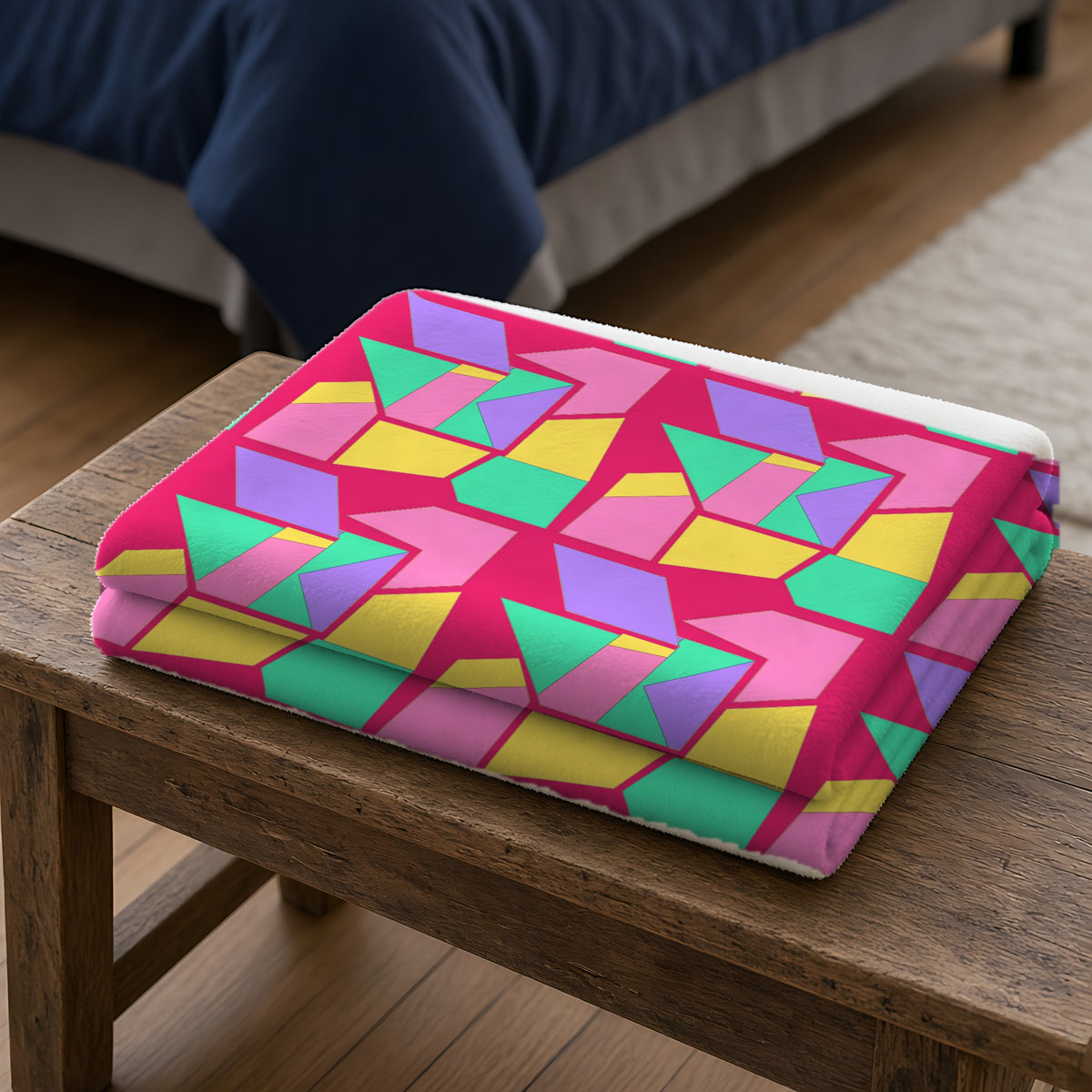 Cubist Block Quilt Sherpa Fleece Blanket folded on a wooden bench