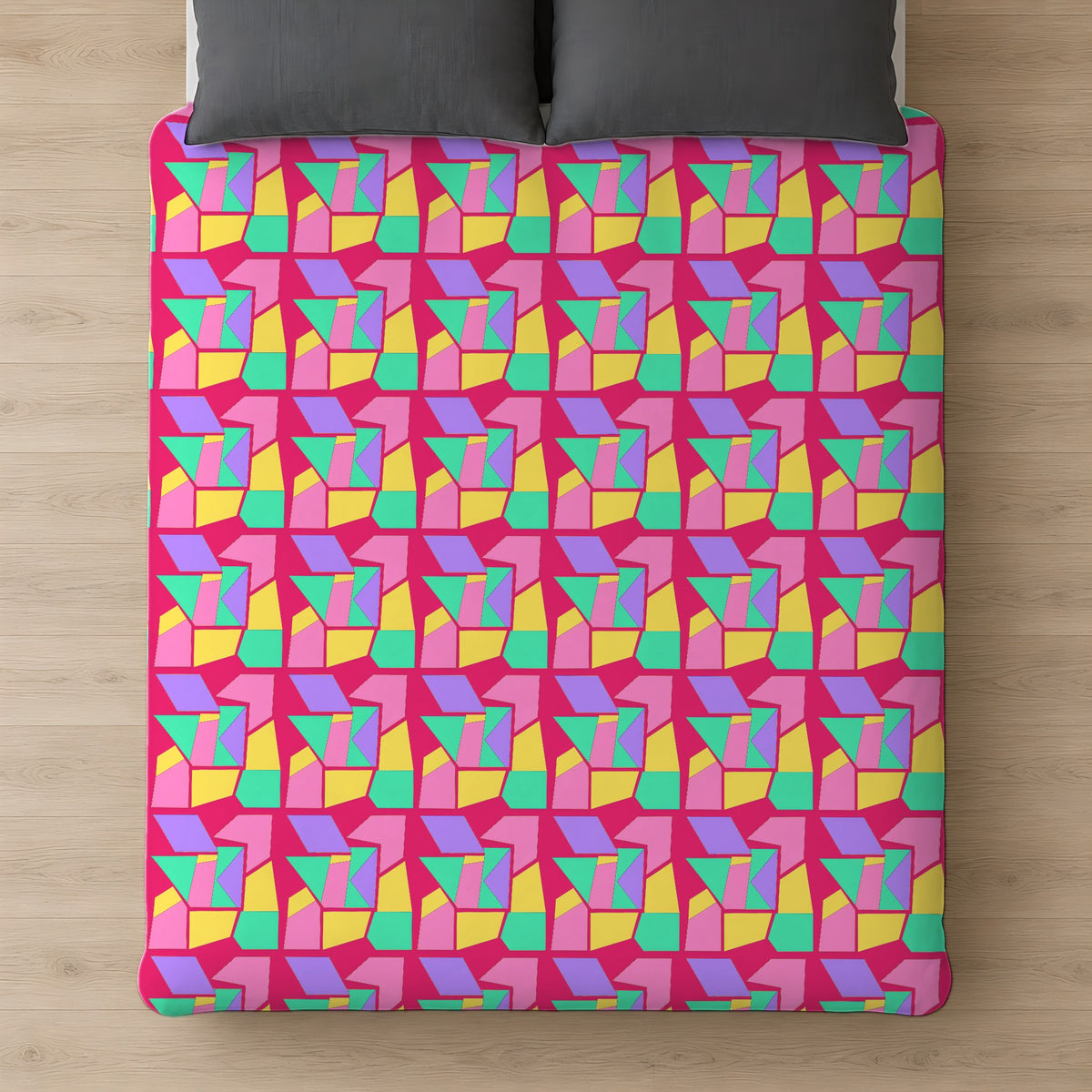 Cubist Block Quilt Comforter on a bed, seen from above