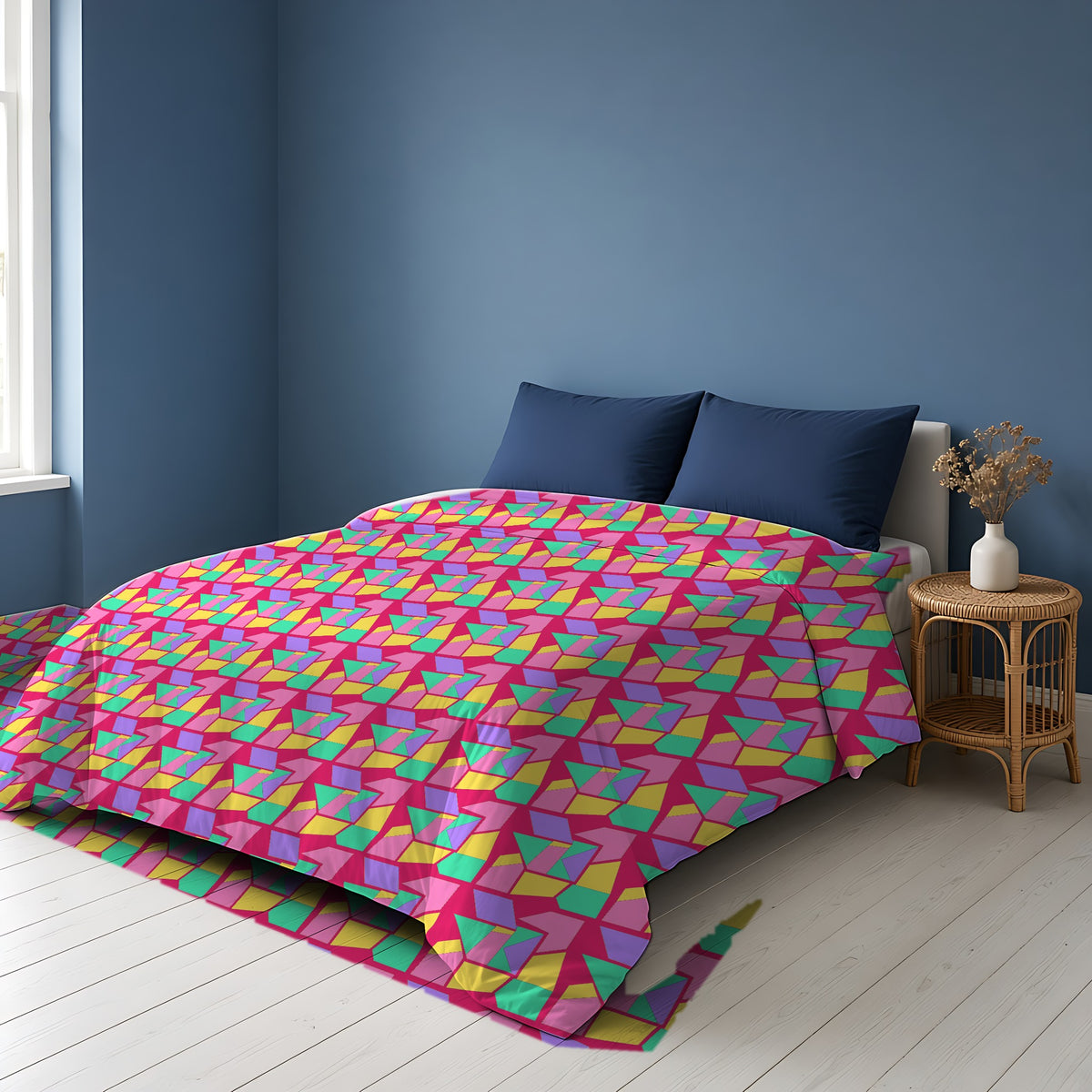 Cubist Block Quilt Cotton Duvet Cover on a bed in a Scandinavian blue bedroom