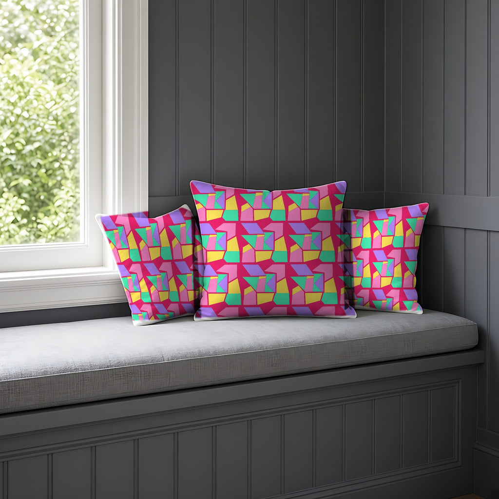 Cubist Block Quilt Faux Suede Cushion on a window seat