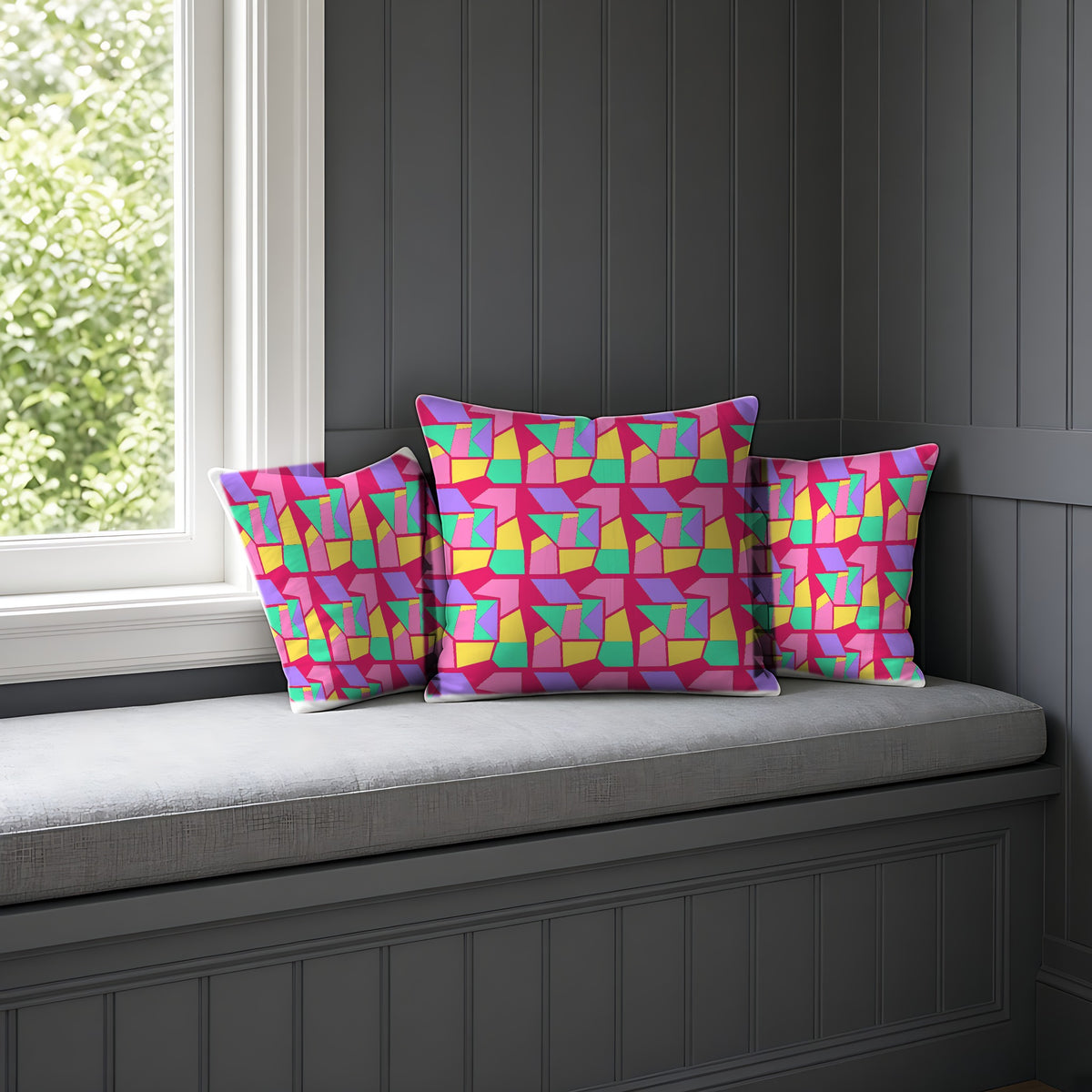 Cubist Block Quilt Faux Suede Cushion on a window seat