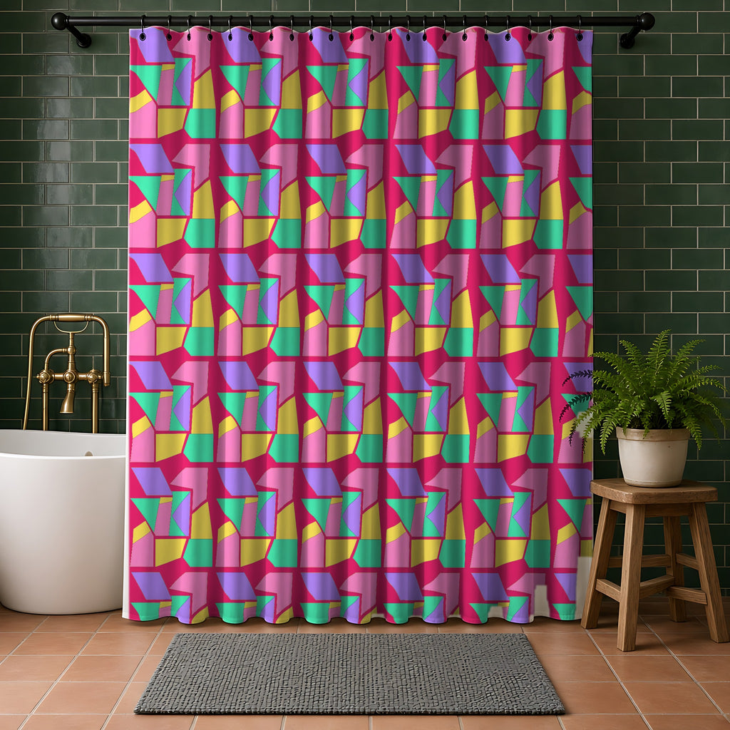 Cubist Block Quilt Shower Curtain in a bathroom with dark green tiles