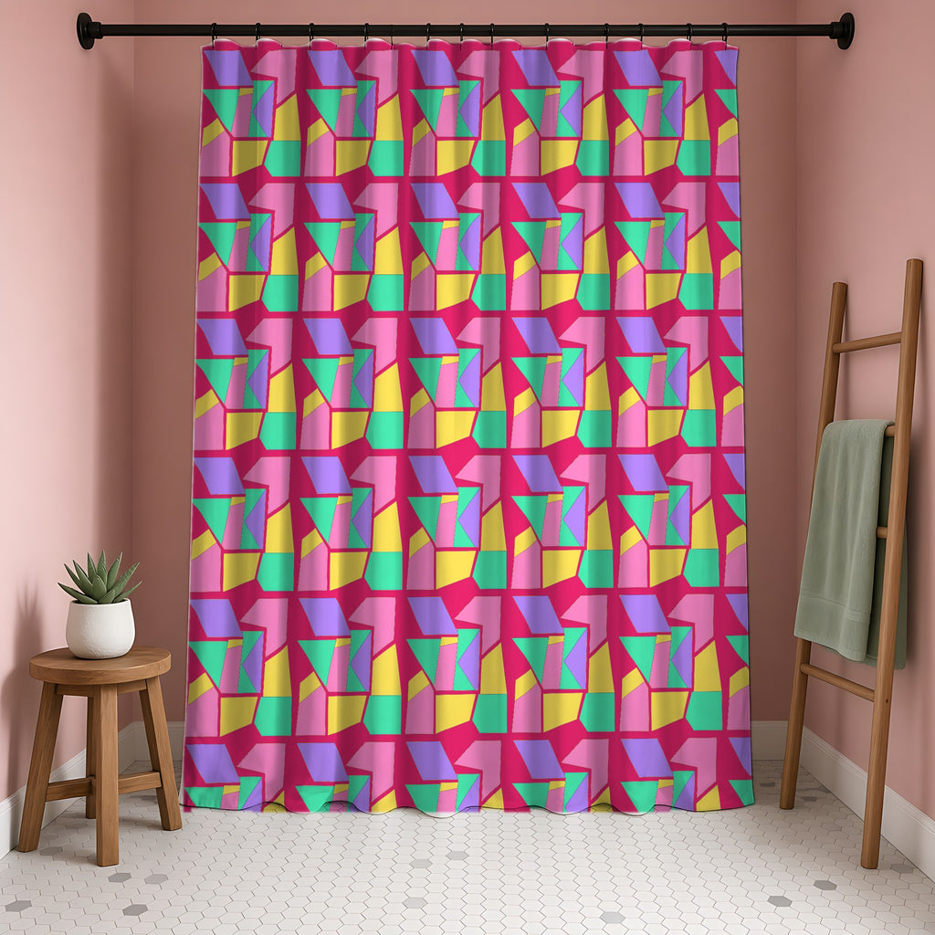Cubist Block Quilt Shower Curtain in a blush-pink bathroom