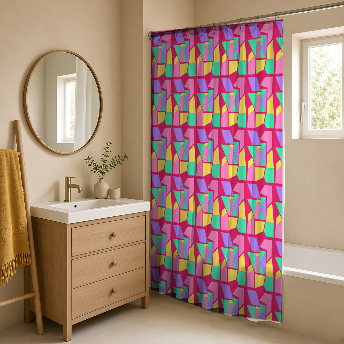 Cubist Block Quilt Shower Curtain in a warm neutral bathroom with an oak vanity