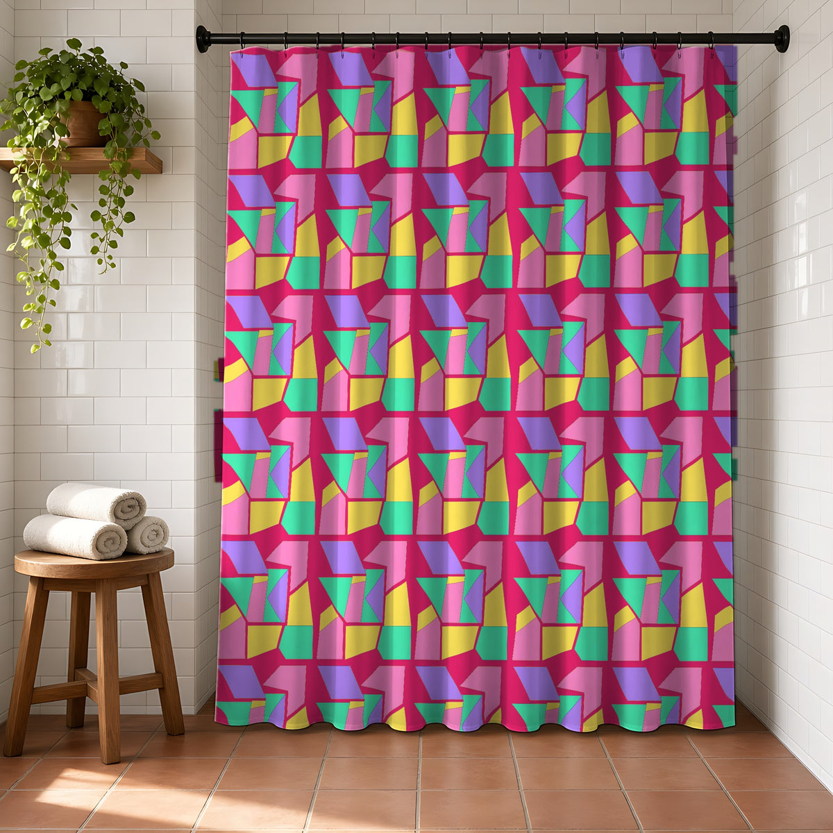 Cubist Block Quilt Shower Curtain in a bright bathroom with white tiles and a terracotta floor