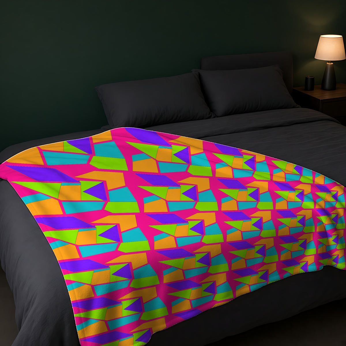 Cubist Block Quilt Sherpa Fleece Blanket across the foot of a dark bed