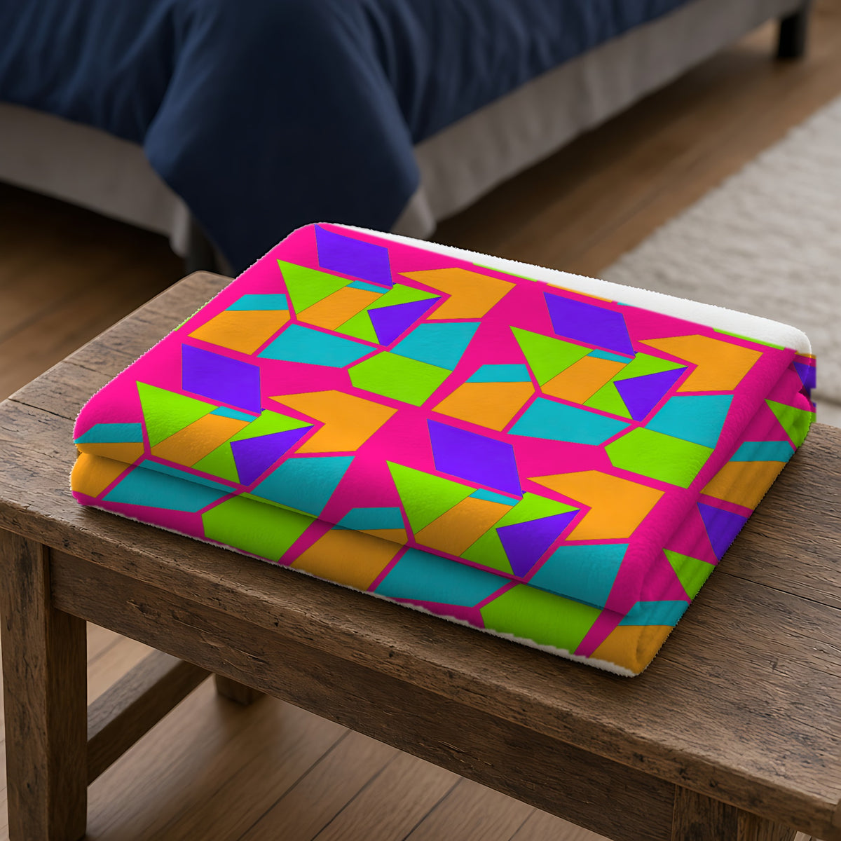 Cubist Block Quilt Sherpa Fleece Blanket folded on a wooden bench