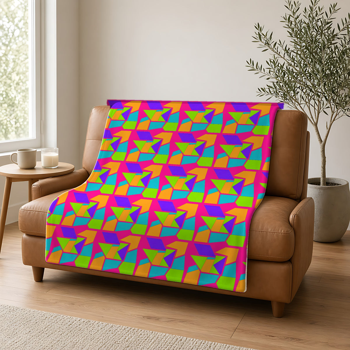 Cubist Block Quilt Sherpa Fleece Blanket draped over a caramel leather sofa
