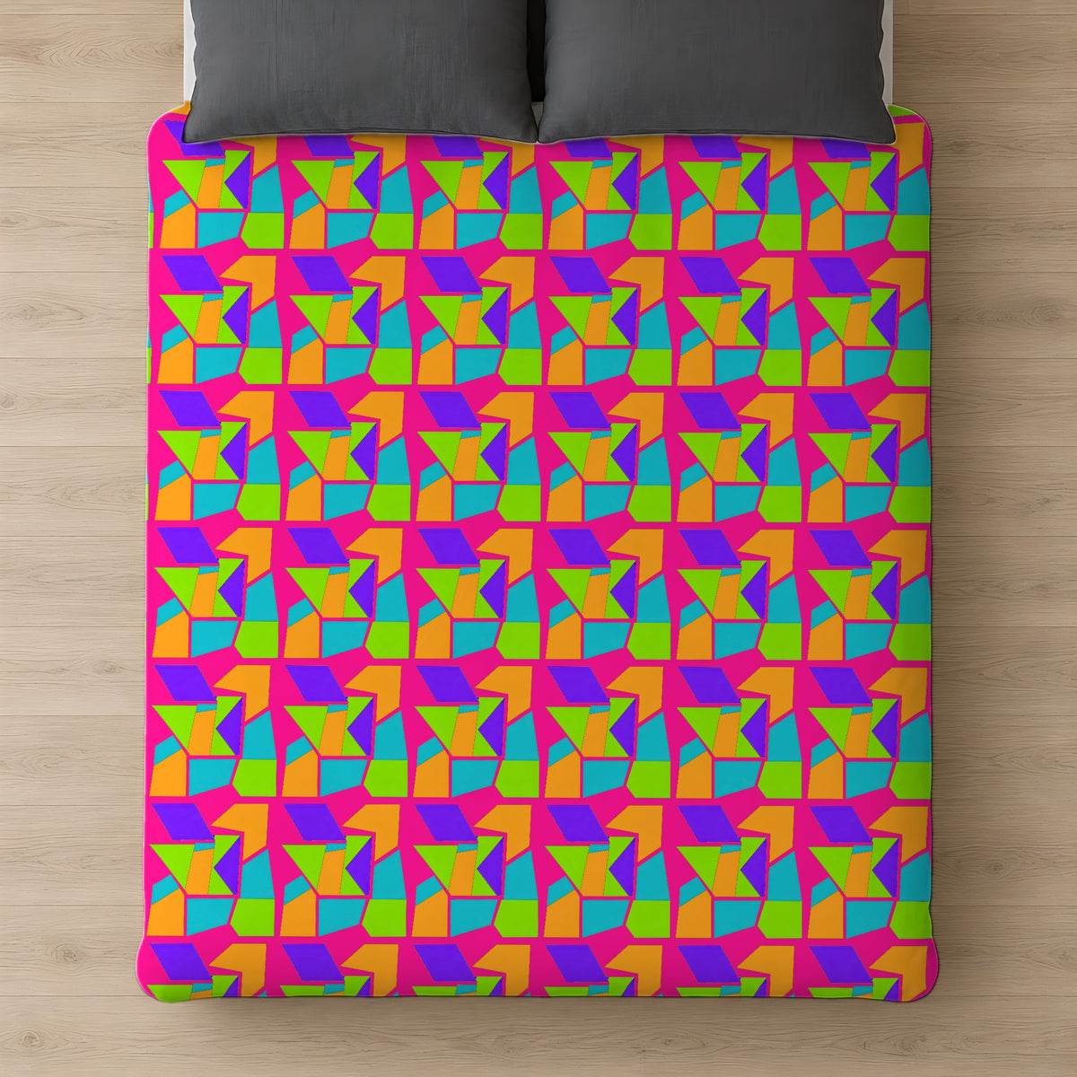 Cubist Block Quilt Cotton Duvet Cover on a bed, seen from above