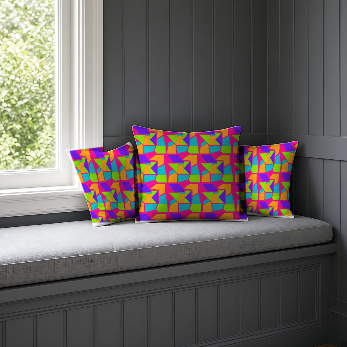 Cubist Block Quilt Faux Suede Cushion on a window seat