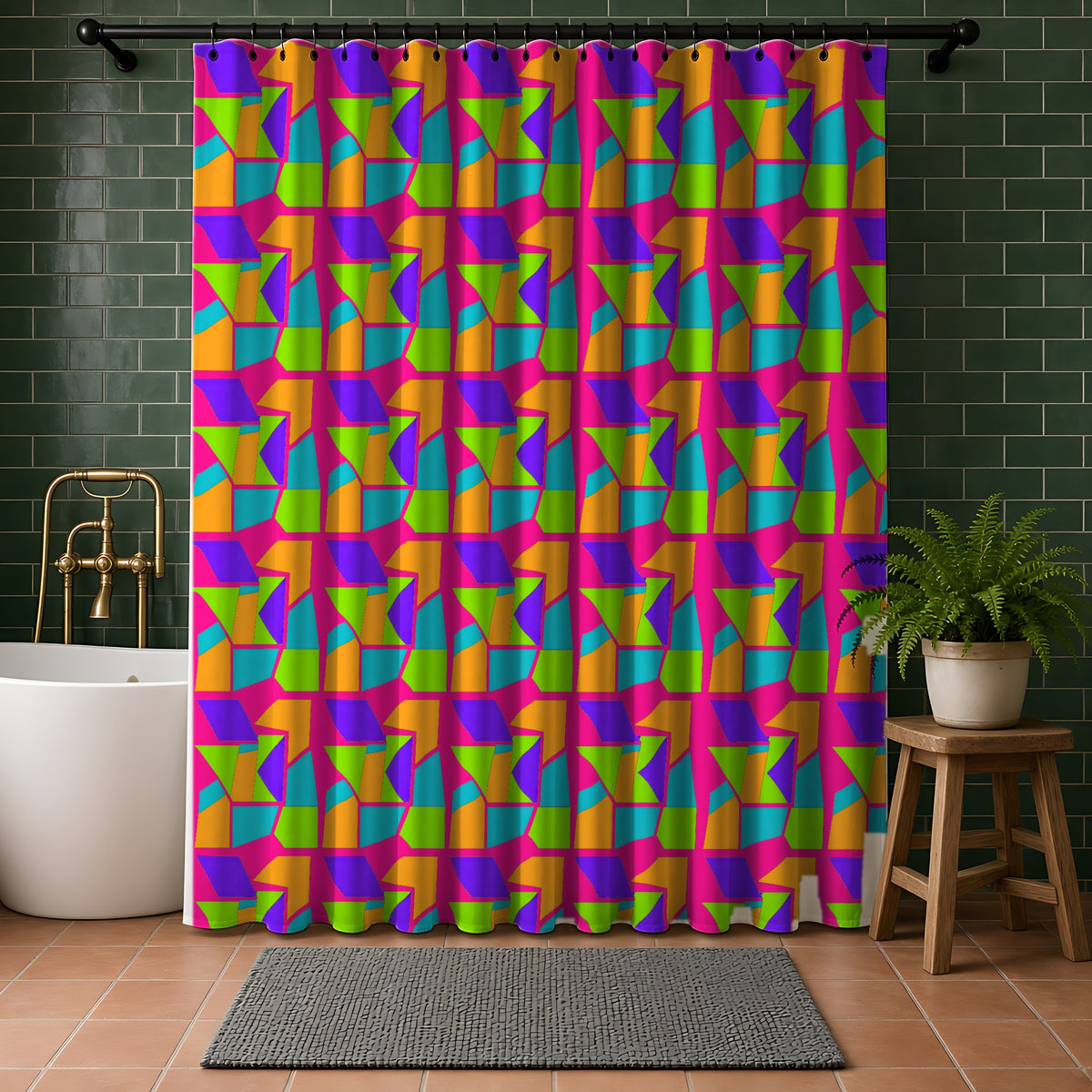 Cubist Block Quilt Shower Curtain in a bathroom with dark green tiles