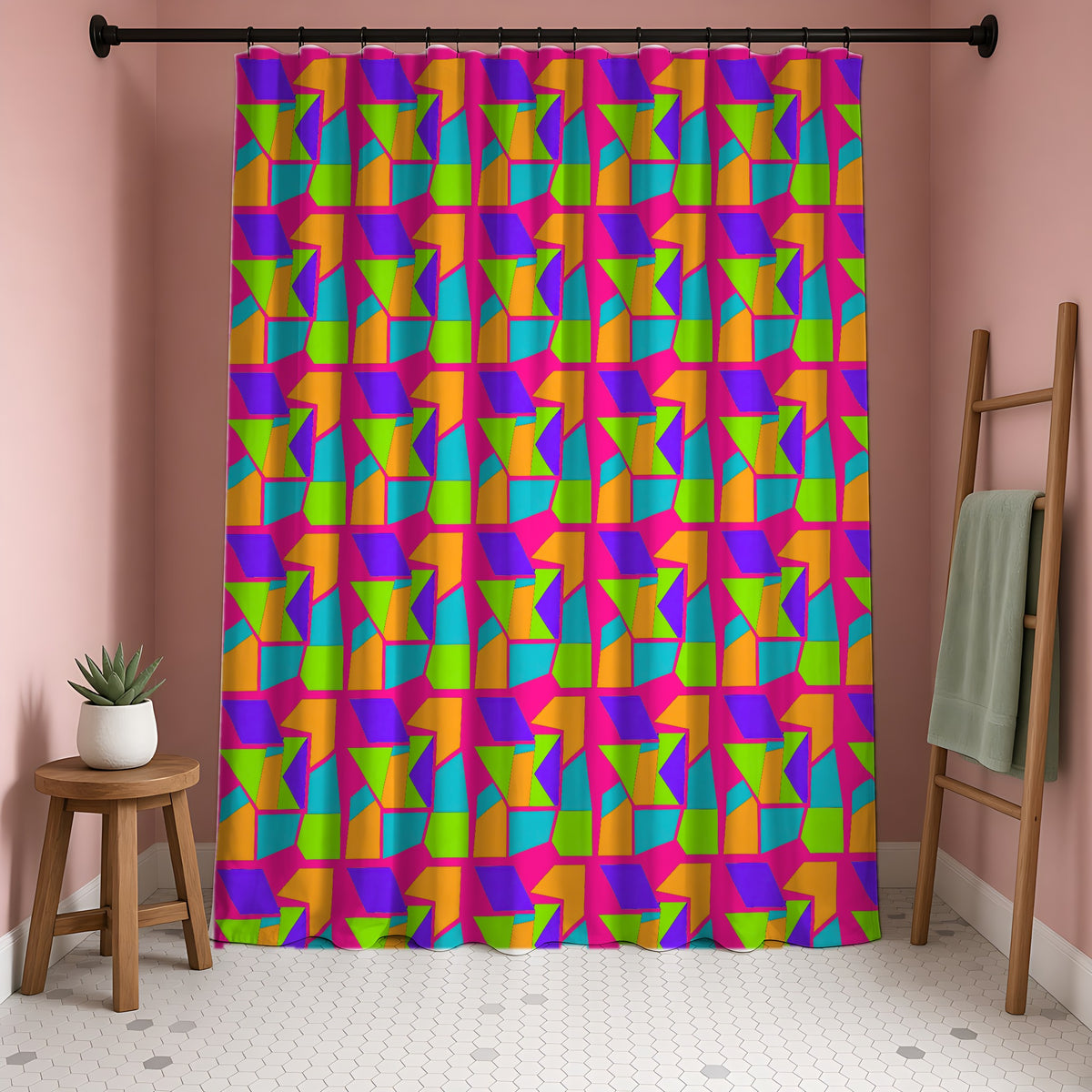 Cubist Block Quilt Shower Curtain in a blush-pink bathroom