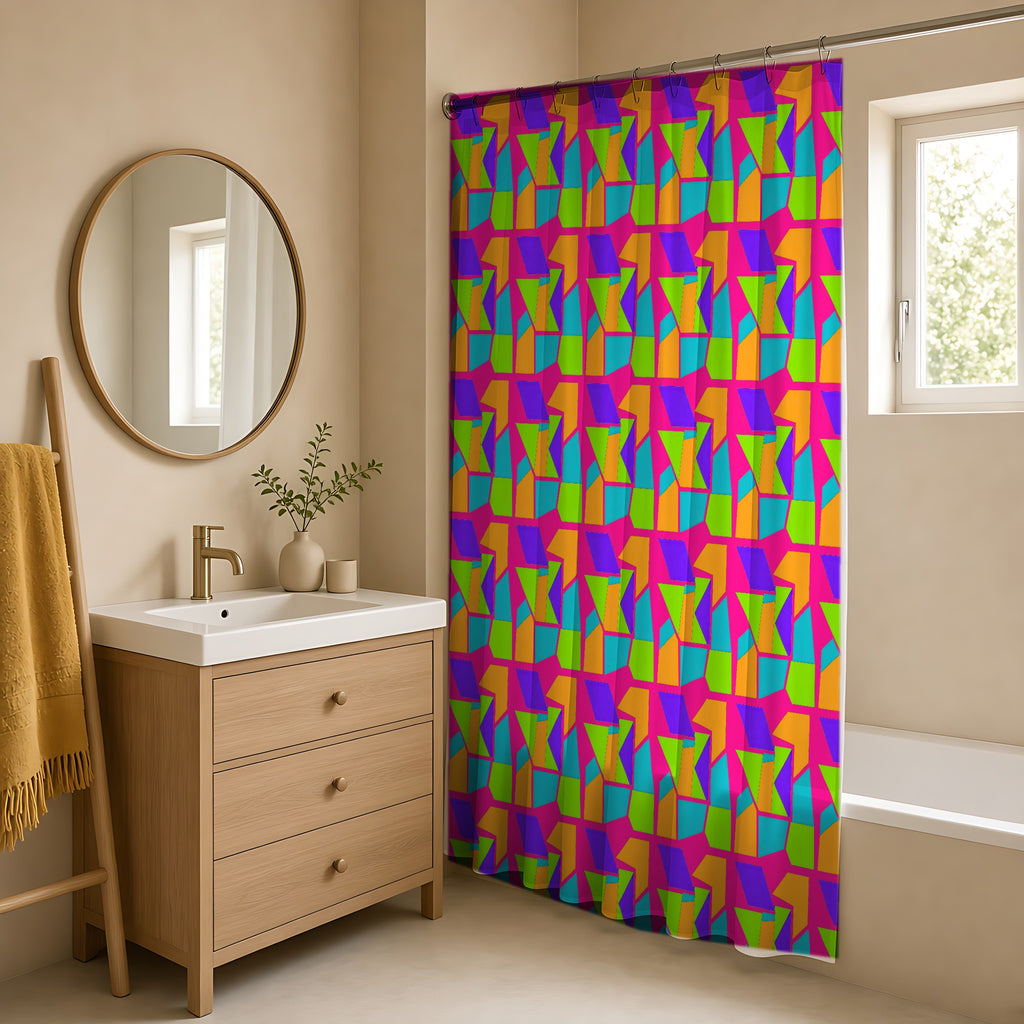 Cubist Block Quilt Shower Curtain in a warm neutral bathroom with an oak vanity