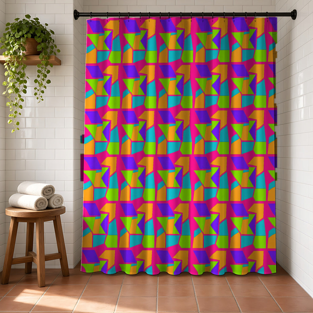 Cubist Block Quilt Shower Curtain in a bright bathroom with white tiles and a terracotta floor