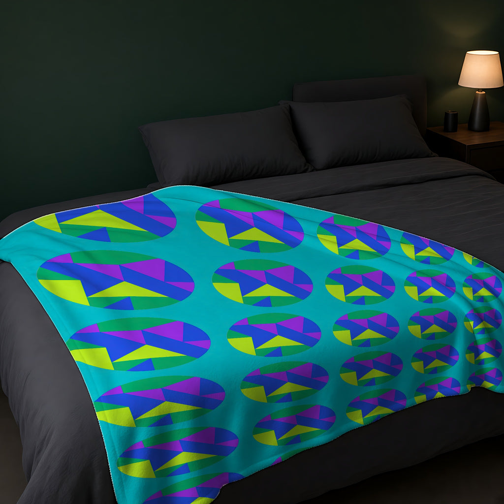 Broken Circle Planes Sherpa Fleece Blanket across the foot of a dark bed