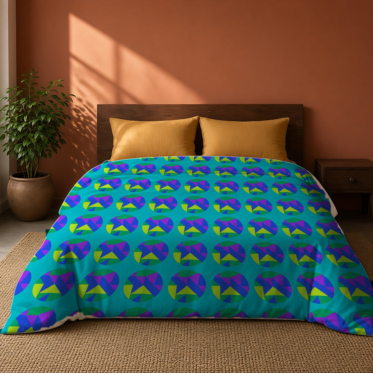 Broken Circle Planes Cotton Duvet Cover on a king bed against a warm terracotta wall