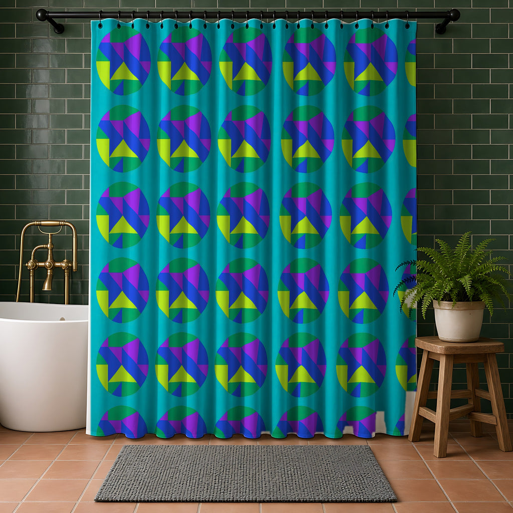 Broken Circle Planes Shower Curtain in a bathroom with dark green tiles