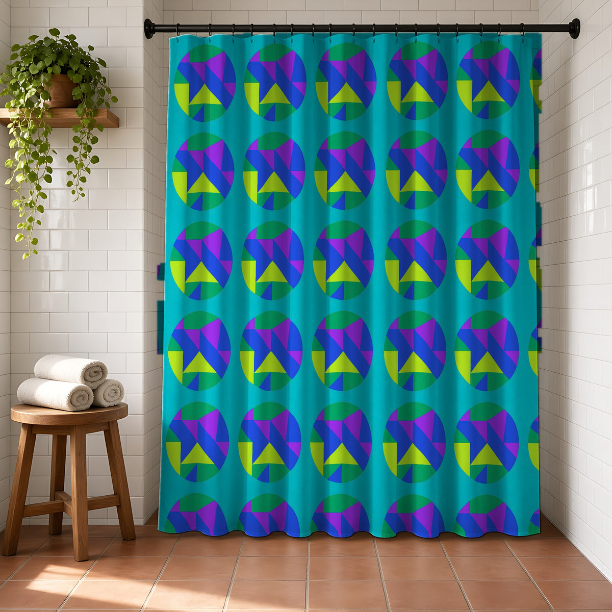 Broken Circle Planes Shower Curtain in a bright bathroom with white tiles and a terracotta floor