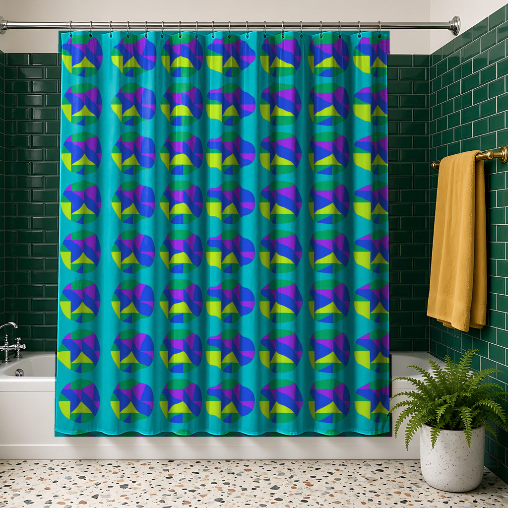 Broken Circle Planes Shower Curtain in the Peacock Jewel palette, hanging in a bathroom with emerald tiles