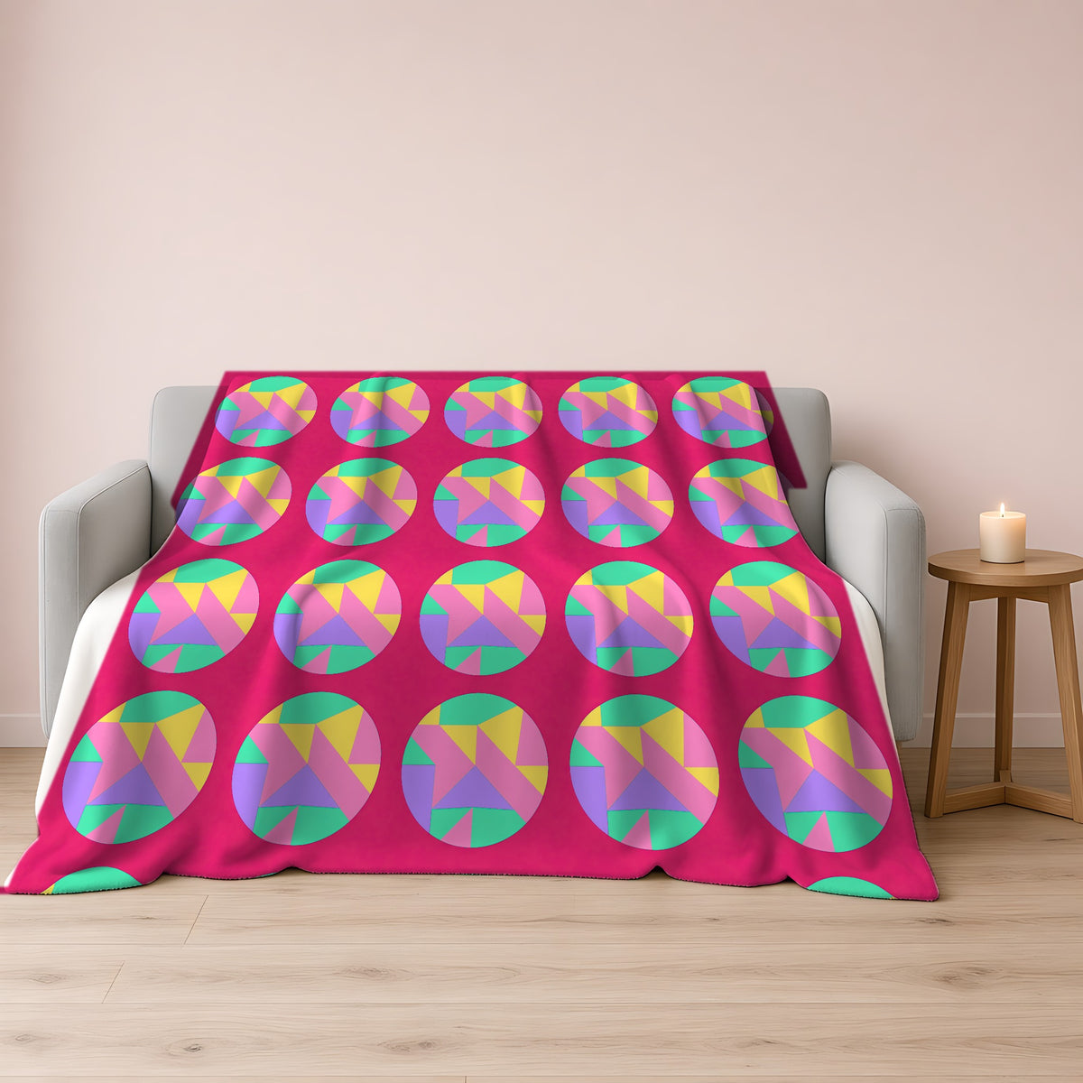 Broken Circle Planes Sherpa Fleece Blanket draped over a grey sofa