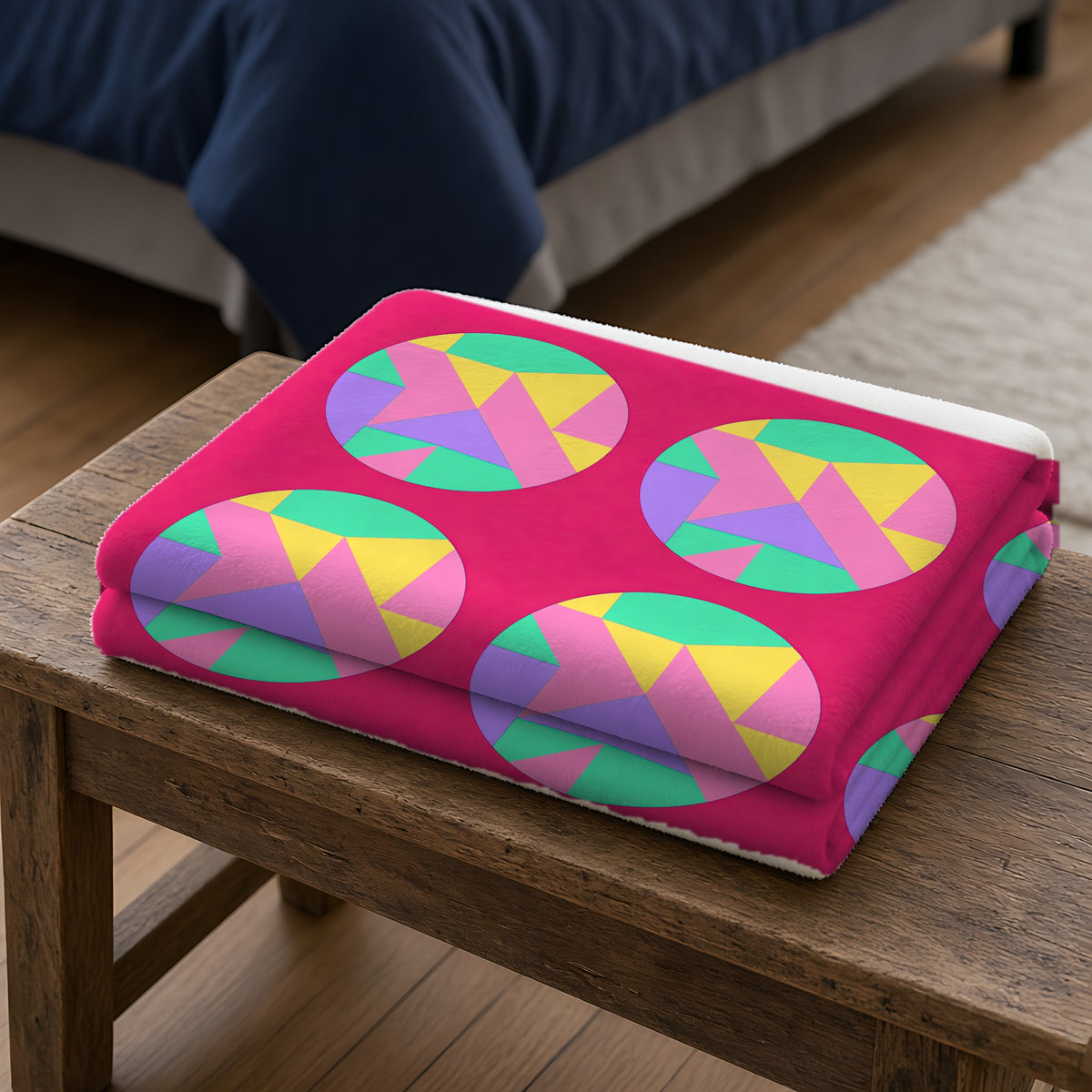Broken Circle Planes Sherpa Fleece Blanket folded on a wooden bench