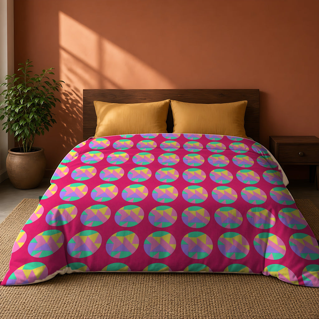 Broken Circle Planes Comforter on a king bed against a warm terracotta wall