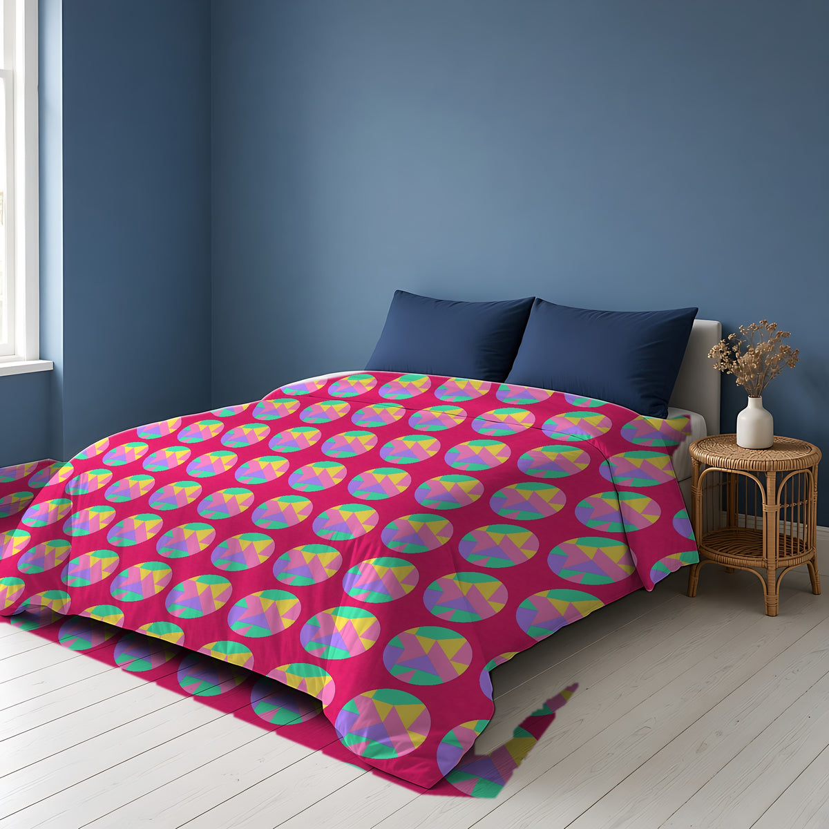 Broken Circle Planes Comforter on a bed in a Scandinavian blue bedroom