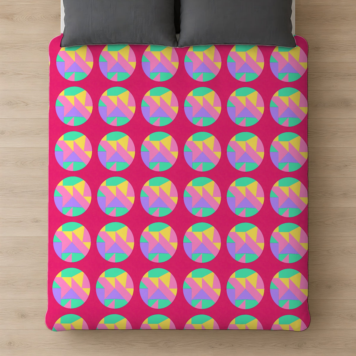 Broken Circle Planes Comforter on a bed, seen from above