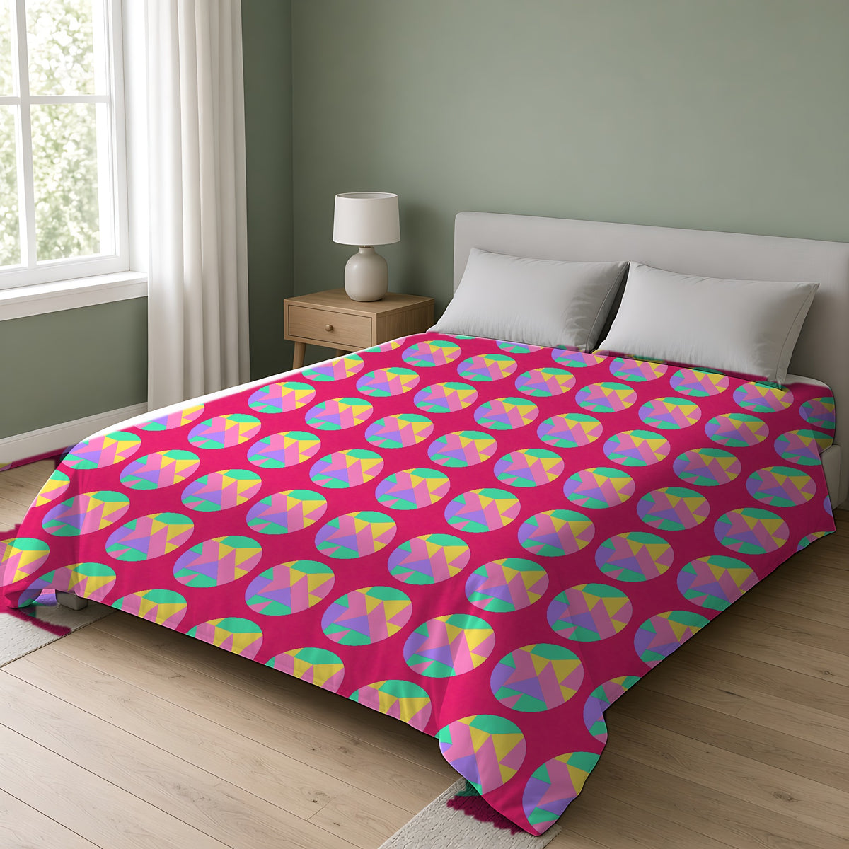 Broken Circle Planes Cotton Duvet Cover on a double bed in a bright sage-green bedroom