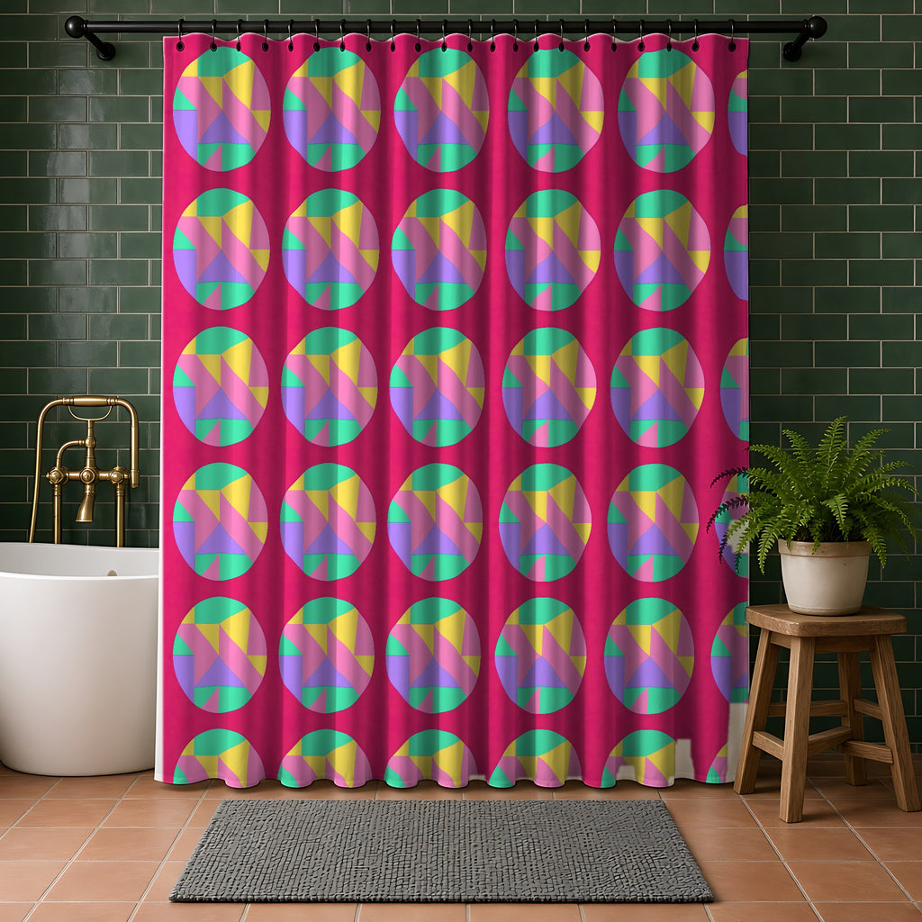 Broken Circle Planes Shower Curtain in a bathroom with dark green tiles
