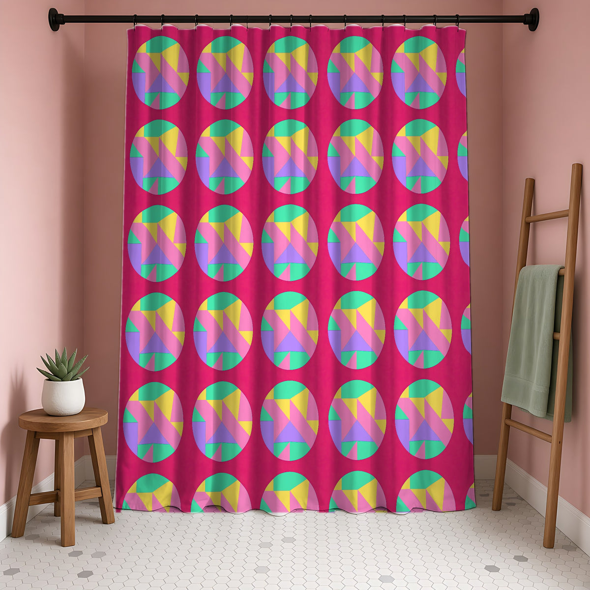 Broken Circle Planes Shower Curtain in a blush-pink bathroom