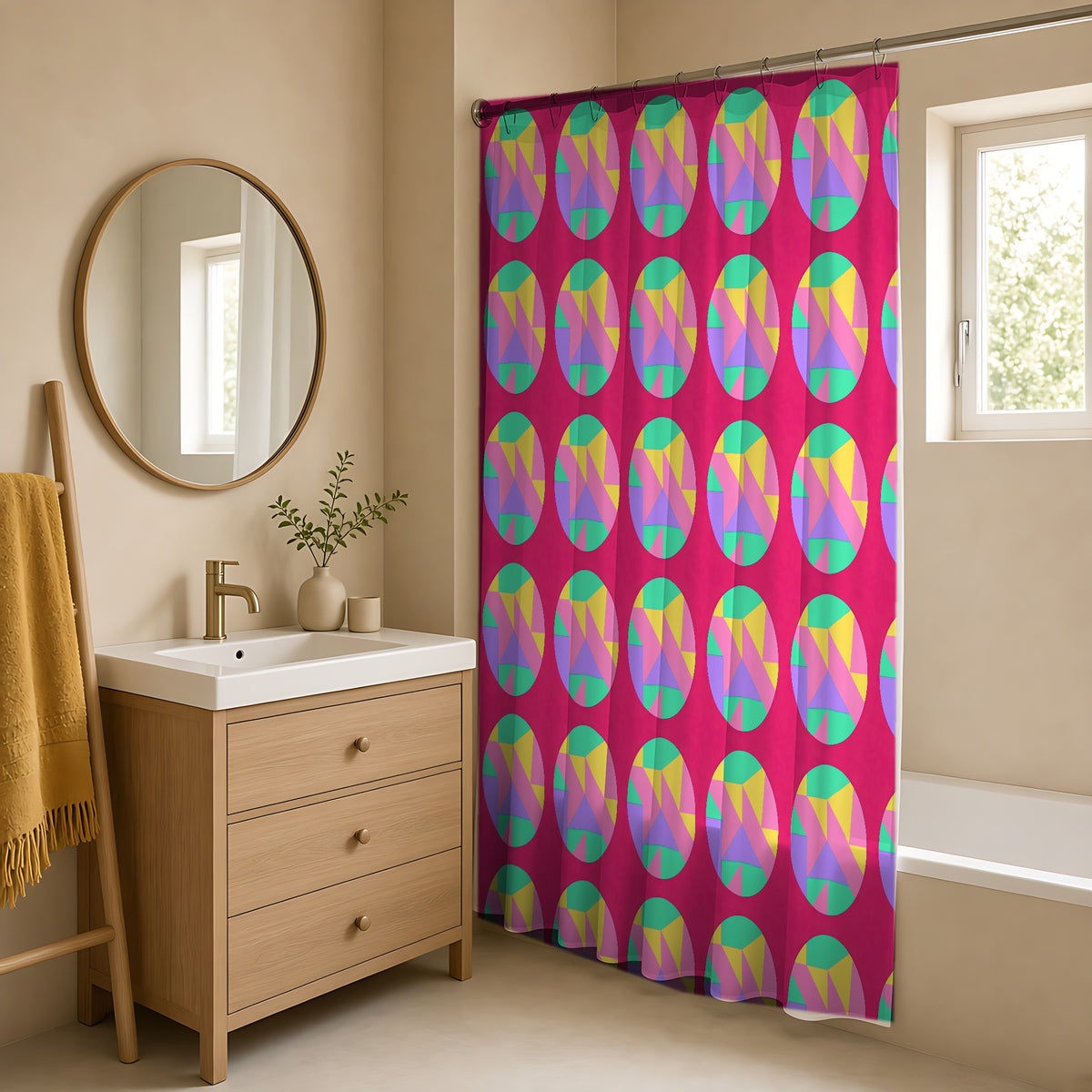 Broken Circle Planes Shower Curtain in a warm neutral bathroom with an oak vanity