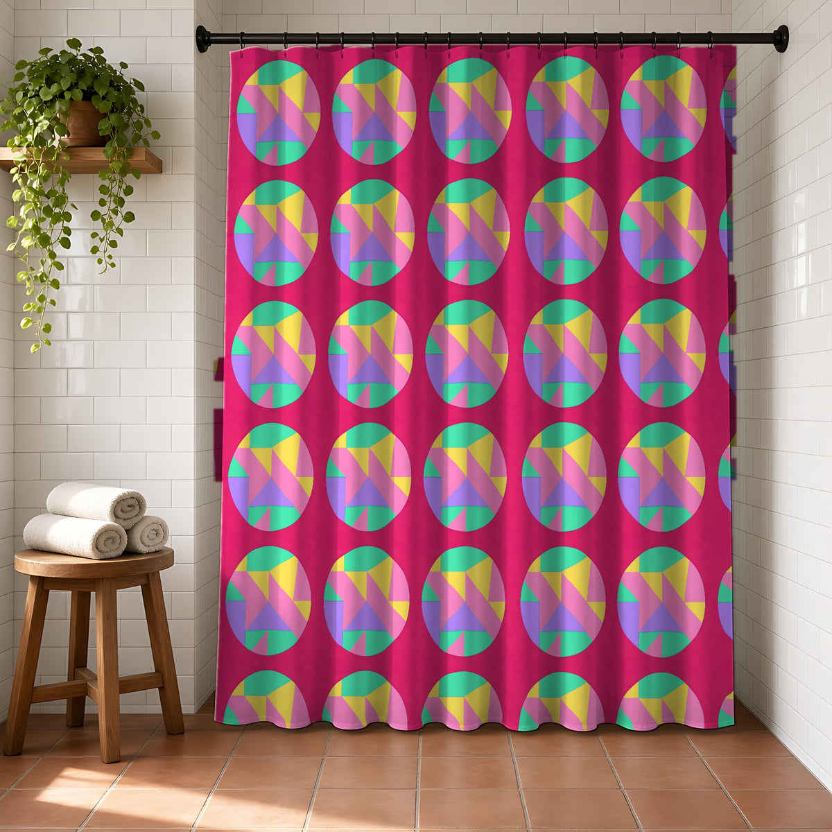 Broken Circle Planes Shower Curtain in a bright bathroom with white tiles and a terracotta floor