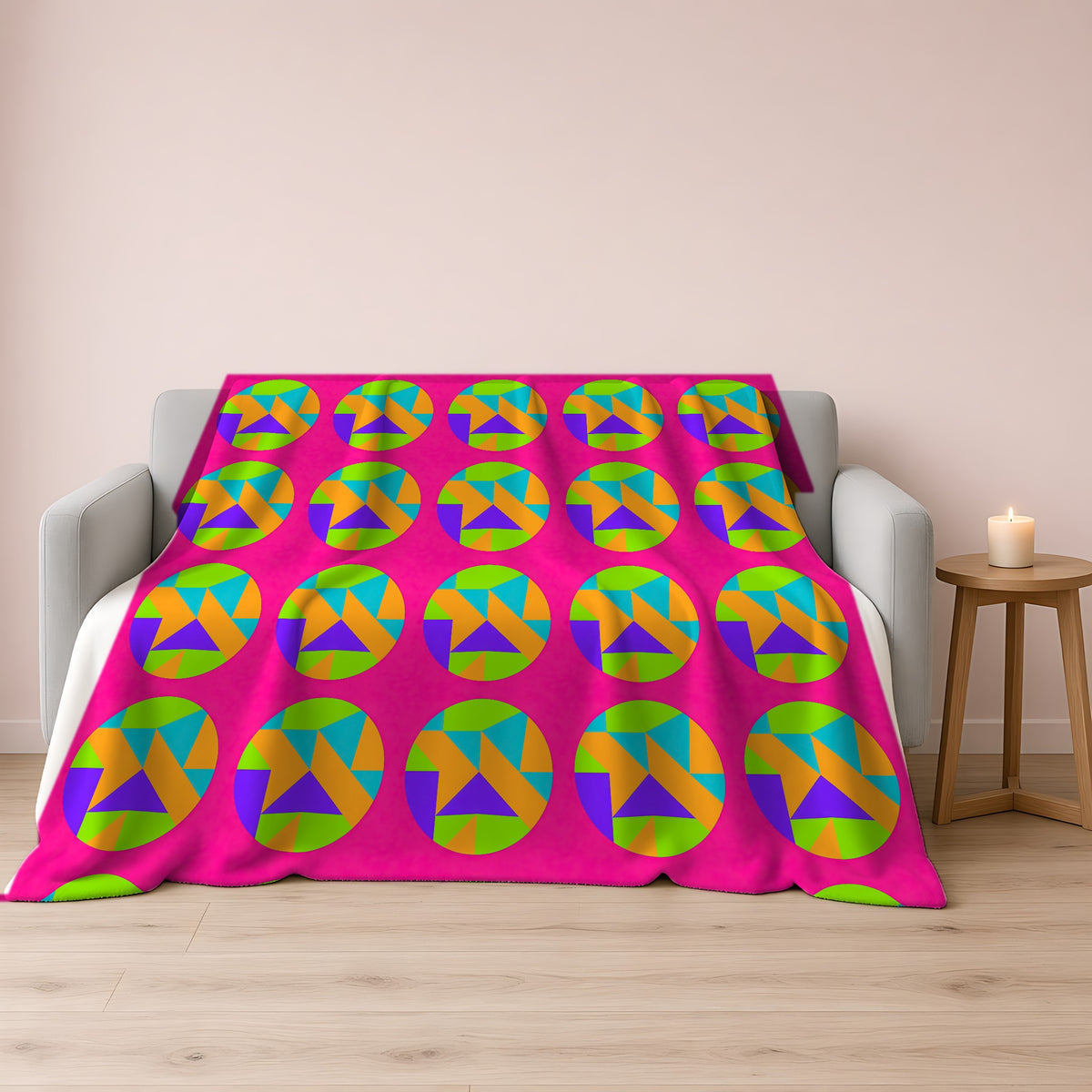 Broken Circle Planes Sherpa Fleece Blanket draped over a grey sofa