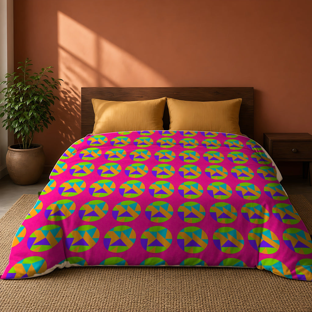 Broken Circle Planes Comforter on a king bed against a warm terracotta wall